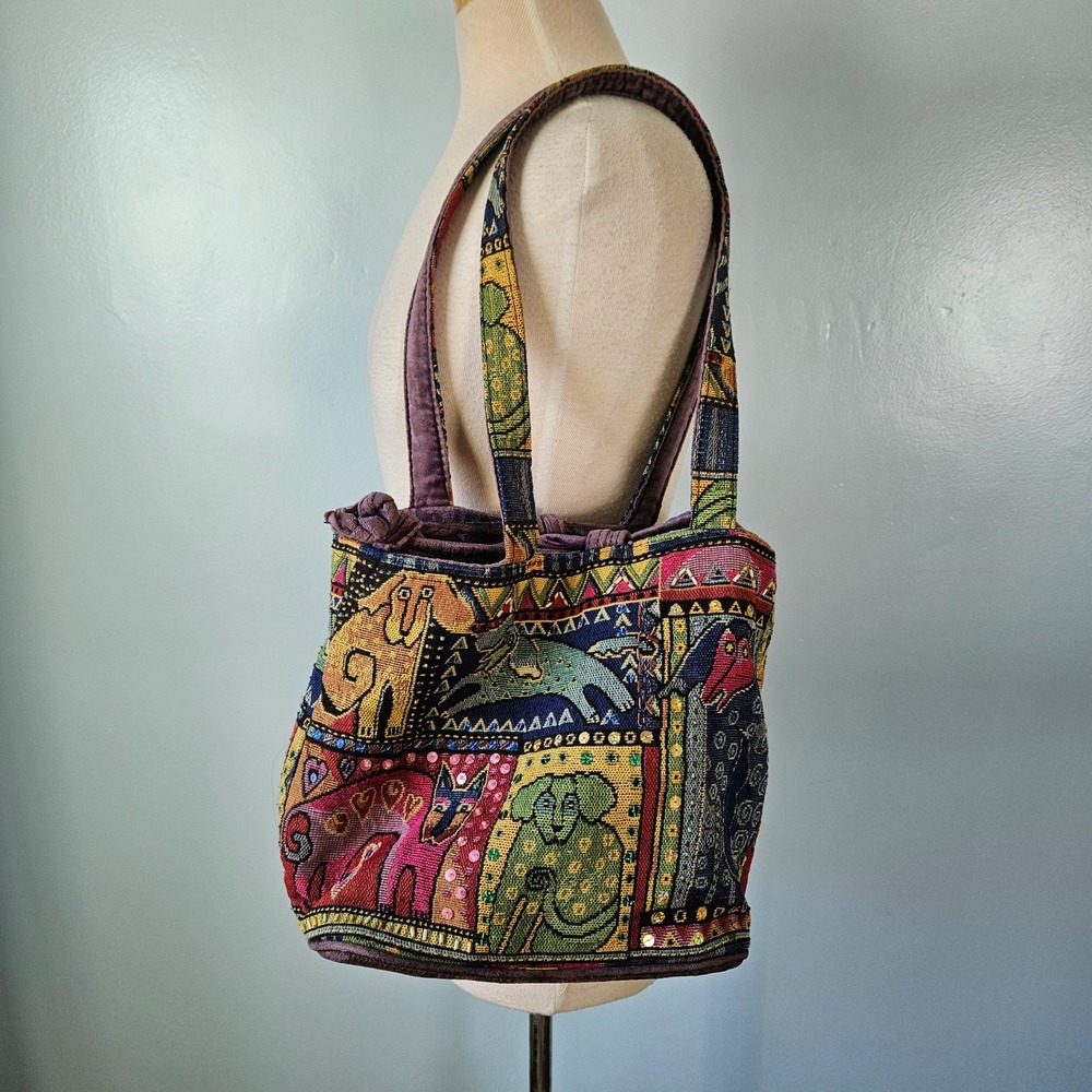 Vtg Laurel Burch Tapestry Tote Bucket Bag Dog Patchwork Sequin Beaded Drawstring - Picture 2 of 7
